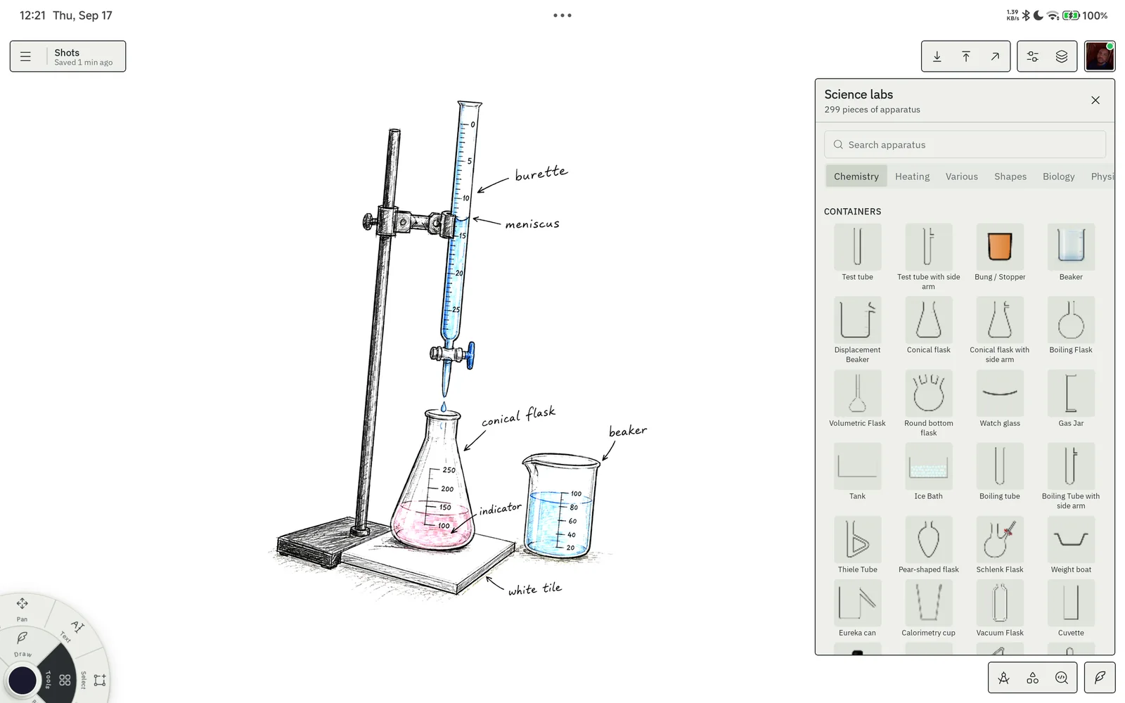 A hand-drawn titration set-up beside the Science labs apparatus catalogue