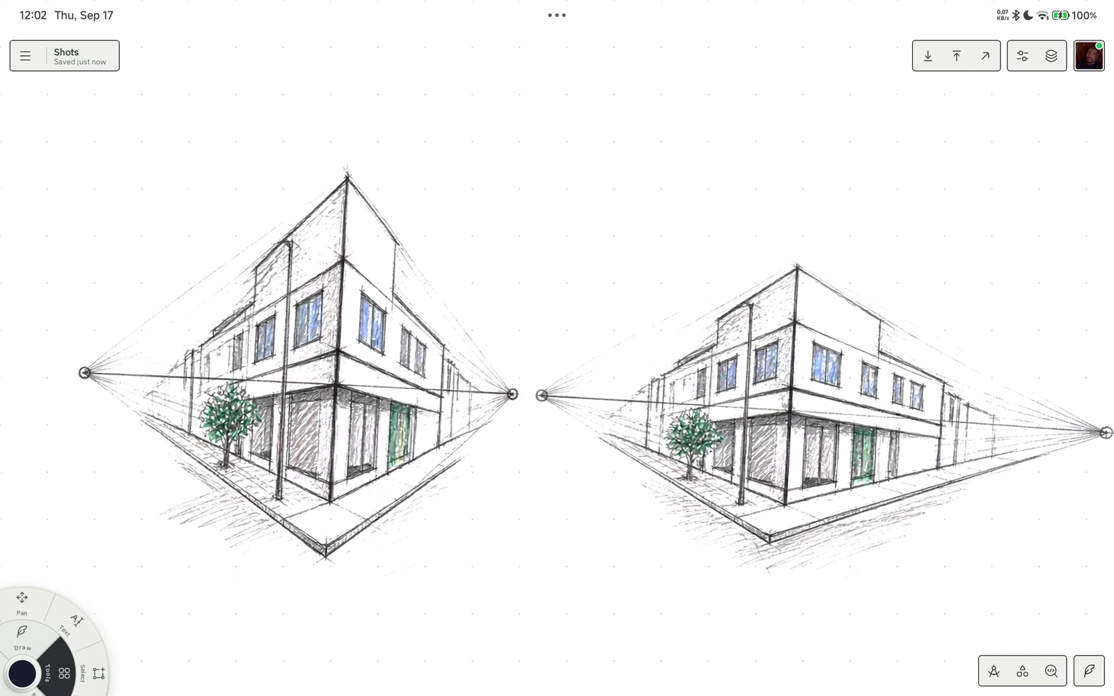 Two buildings in two-point perspective with their construction lines, on the perspective grid